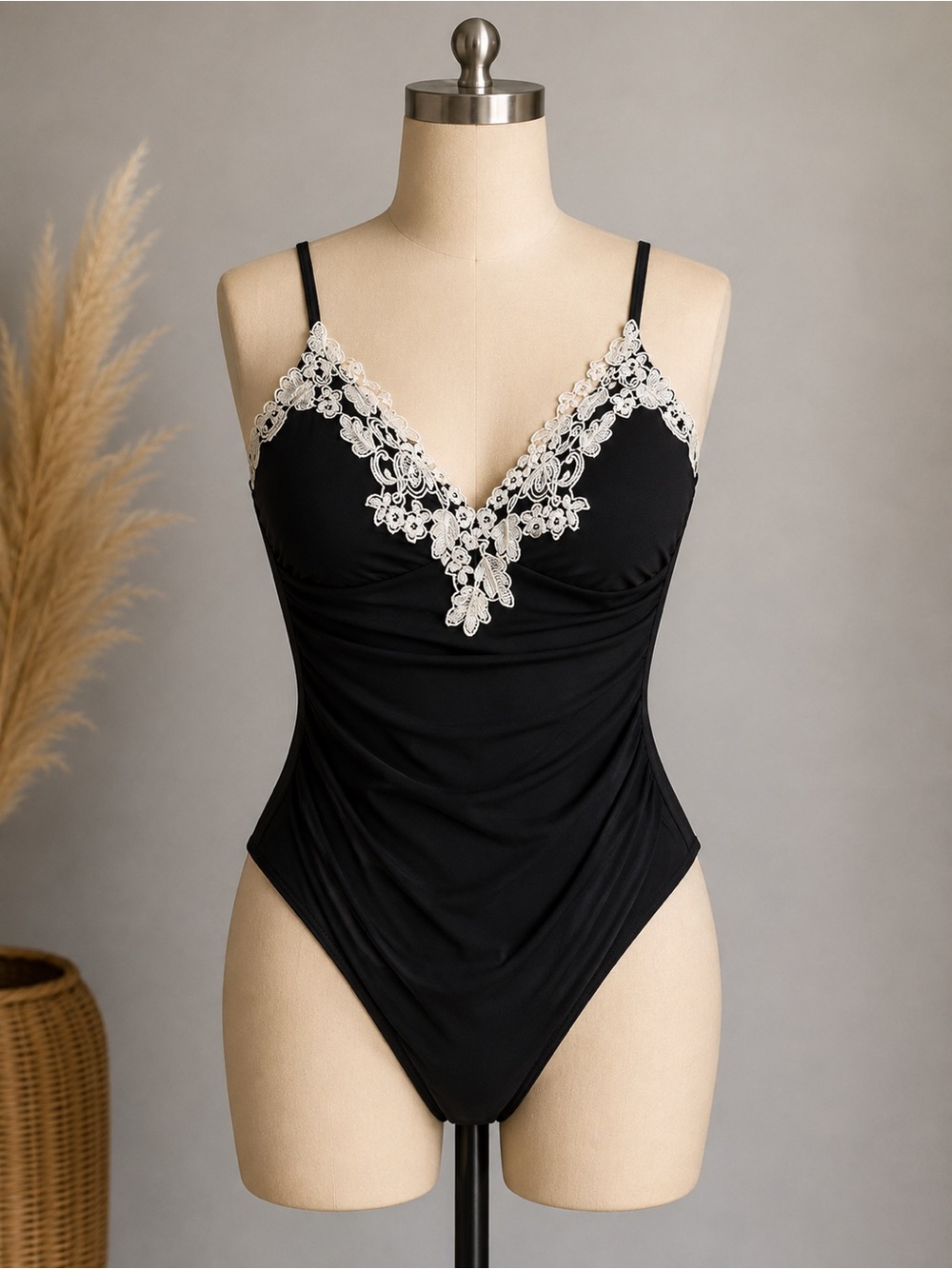 Black Lace-Trim Bodysuit for Women